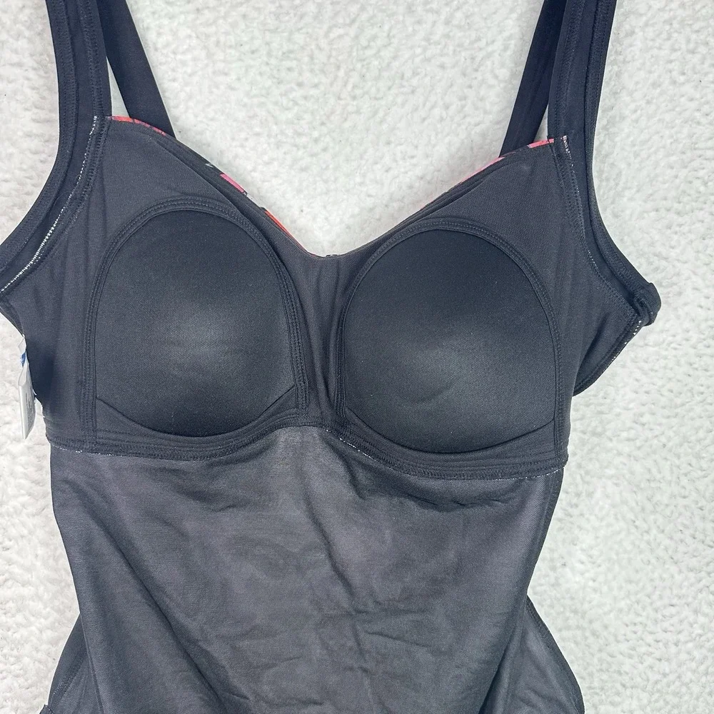 Gabar One Piece Swimsuit Women's Size 14 Tummy Control Black Pink Floral Ruched
